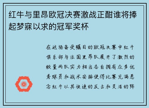 红牛与里昂欧冠决赛激战正酣谁将捧起梦寐以求的冠军奖杯